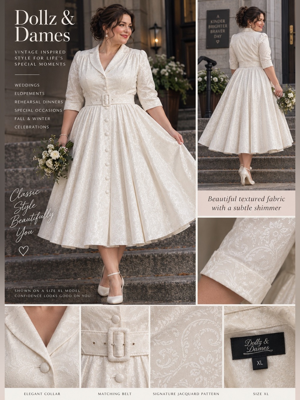 Dollz & Dames White/Ivory Wedding XL Tea Length Pinup Bridal Belted